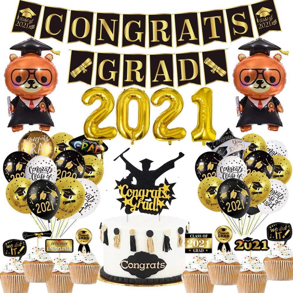 Graduation Party Supplies 2021 Decoration Kit - Class of 2021 Congrats Grad Banner, Graduation Party Balloons, Graduation Cake Cupcake Toppers for Graduation Home Decor