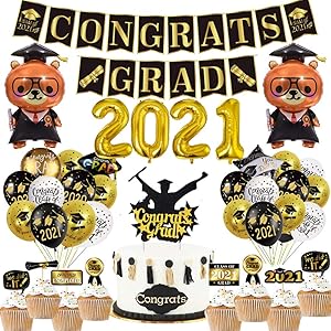 Graduation Party Supplies 2021 Decoration Kit - Class of 2021 Congrats Grad Banner, Graduation Party Balloons, Graduation Cake Cupcake Toppers for Graduation Home Decor