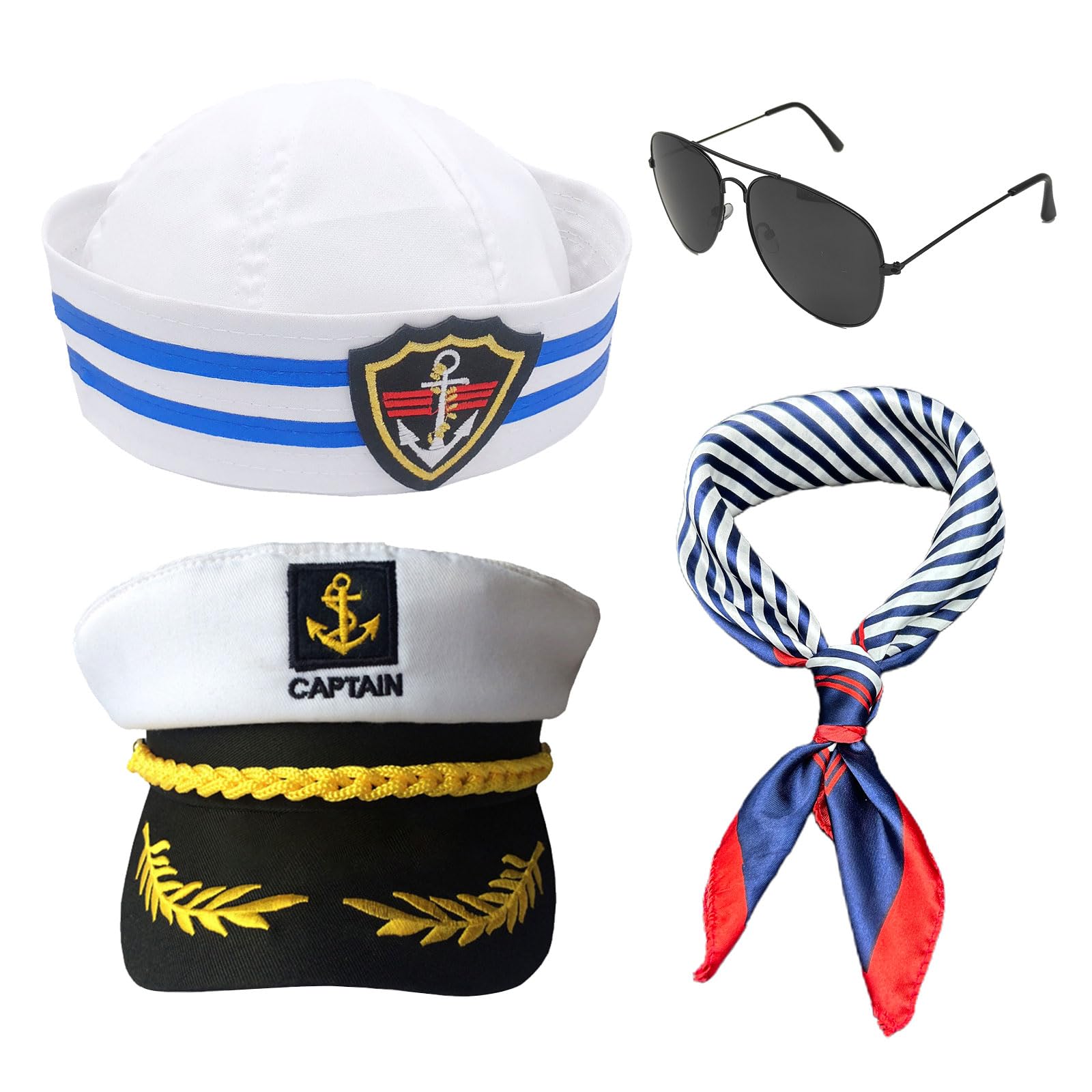 SKHAOVS 4Pcs Captain Sailor Costume Boat Navy Hat Captain Hat Scarf Sunglasses Navy Sailor Dress Up Costume for Adult Men Women (4Pcs)