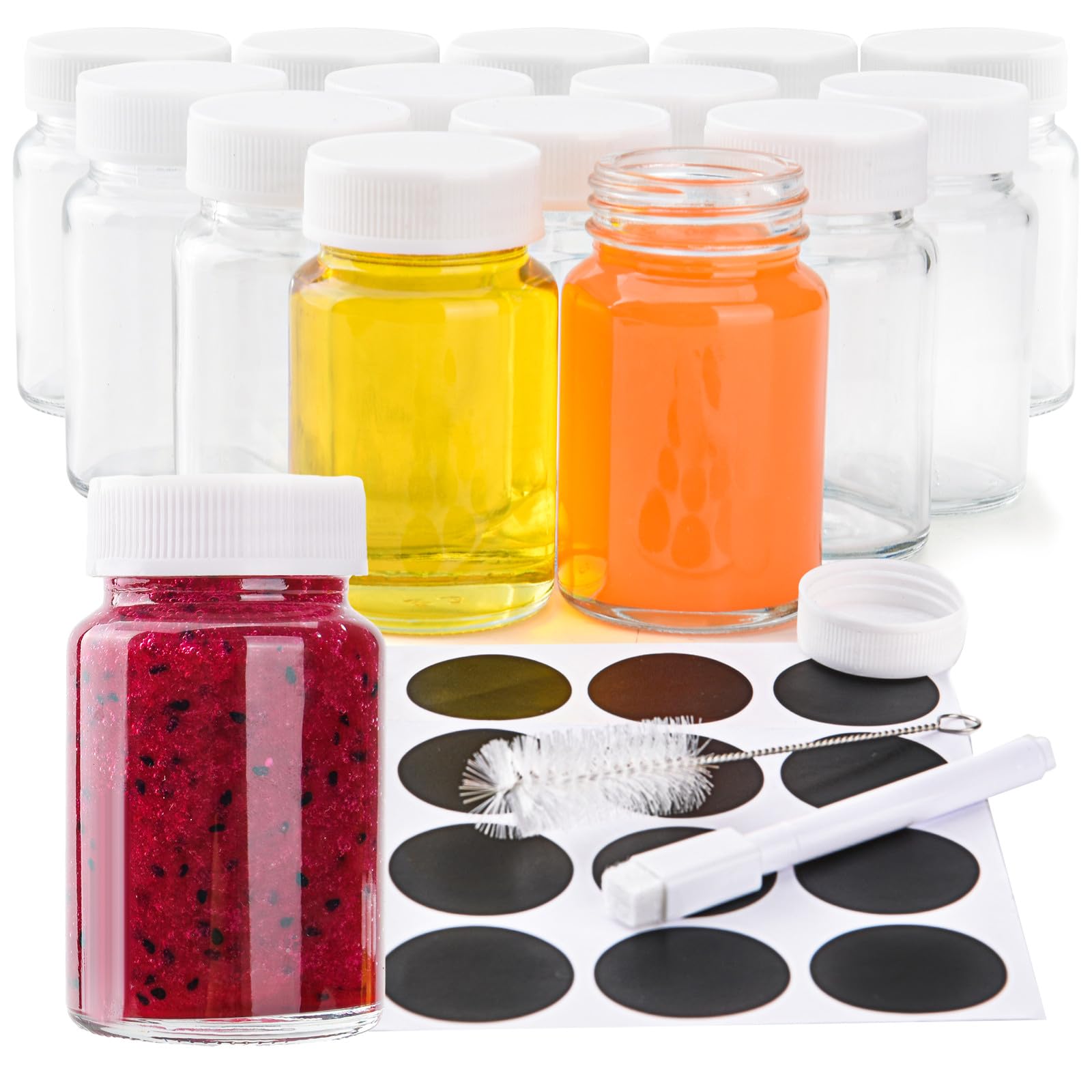 15pcs 2 oz Glass Ginger Shot Bottles with Lids, Small Clear Glass Bottles Mini Glass Jars Wide Mouth Shot Glasses Containers with Lable and Brush for Juice，Ginger, Wellness Shot, Whiskey and Spice