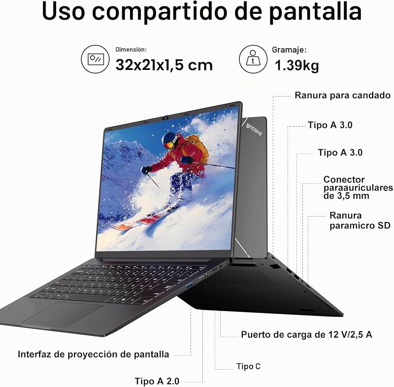 Ordenador Portátil 14 Pulgadas Celeron N5095 Upto 2,9 GHz Portatiles 8GB RAM 256GB SSD TF 1TB LPDDR4 Win11 5G WiFi 1920*1080 FHD mini HDMl Laptop Película Protectora Español - negro Cuerpo Metálico-61 — foto 5 de 8