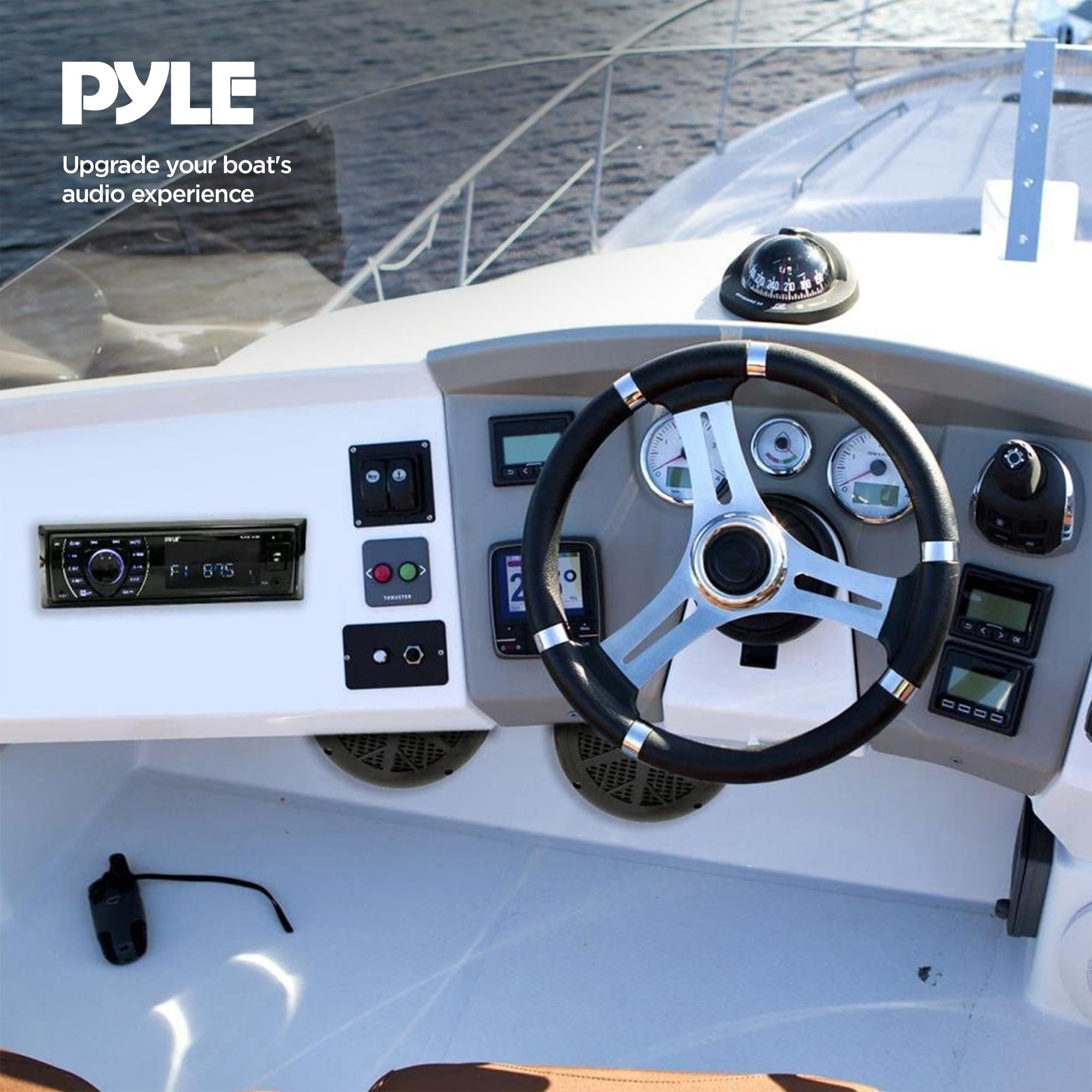 Pyle Marine Headunit Receiver Speaker Kit - In-Dash LCD Digital Stereo Built-in Bluetooth & Microphone w/ AM FM Radio System 5.25’’ Waterproof Speakers (2) MP3/SD Readers & Remote Control-PLMRKT46BK