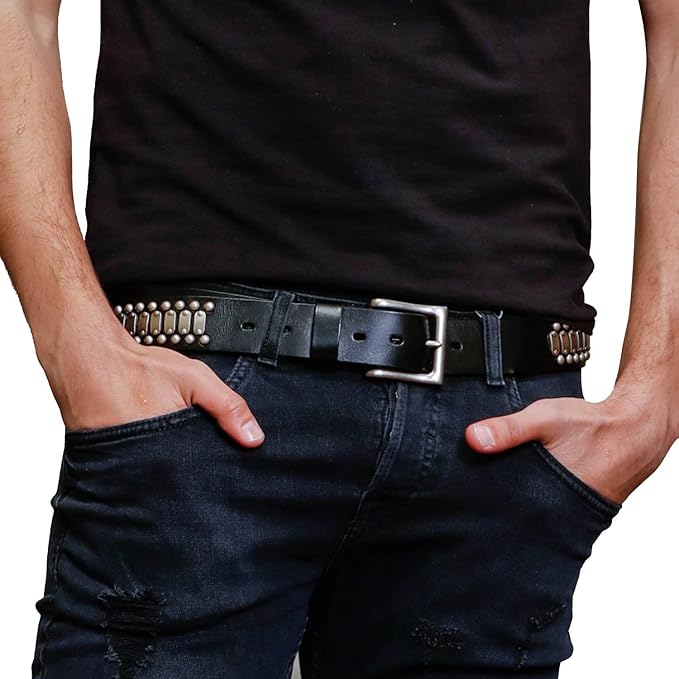 title=Fioretto- Cintura da uomo in vera pelle stile punk con borchie Black Small