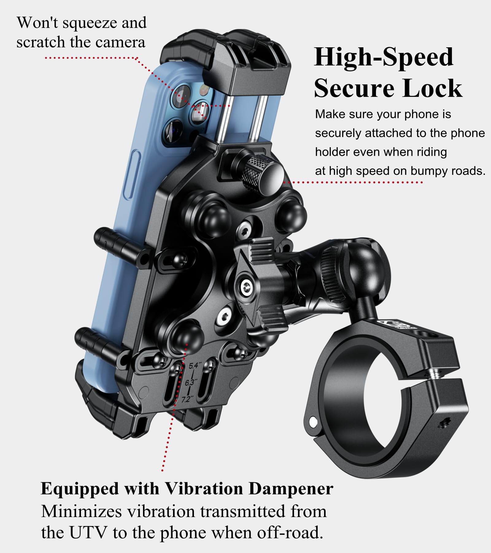 BRCOVAN UTV Phone Mount Holder with Vibration Dampener & Secure Lock, Fit 1.5/1.65/1.75/1.85/2'' Roll Cage Bar, Anti-Theft, Heavy Duty, Adjustable Size, Big Phone Friendly for 5.4-7.2'' Cellphone