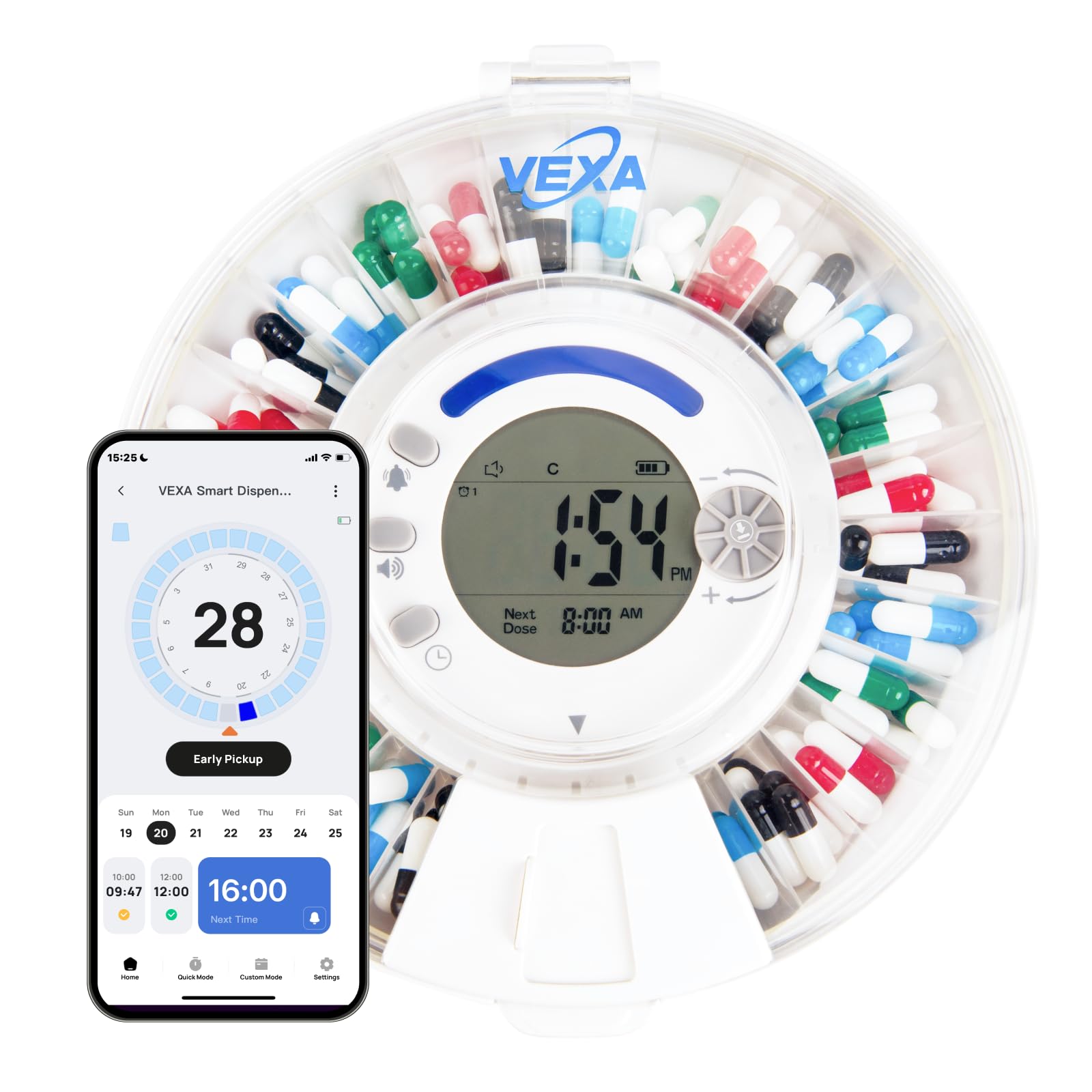 Photo 1 of VEXA VitaMate 28 Smart Automatic Pill Organizer with Exclusive Self-Developed App, 28-Slot Monthly Medication Management, App-Connected Sound Alerts, Easy Flip-to-Dispense for Vitamins & Tablets