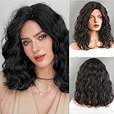 Luxclipse Black Brown Short Wavy Bob Wigs Human Hair Mixed Synthetic with Side Part Natural Looking for Black Women Daily Party Use