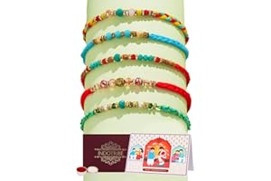 IndoTribe, Rakhi For Brother with Gift Set - Set of 5, Rakhi For Brother with Card, Roli Chawal | Rakhi for Brother and Bhabhi | Rakhi Hamper For Brother | Bhaiya Bhabhi Rakhi | Raksha Bandhan Rakhi