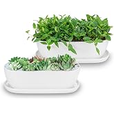 E-liu 11+14 inch Ceramic Plant Pots with Drainage Holes Saucers, Set of 2 | Rectangular Planters Indoor Flower Succulent Pot with Hole Mesh Pad, Gifts for Mom, Plants Not Included