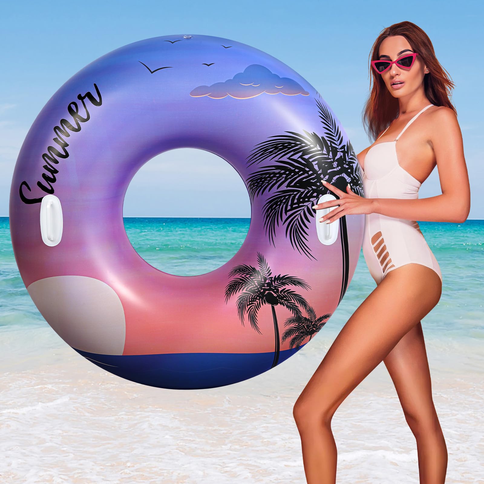 Photo 1 of HeySplash Pool Tubes for Adult, 42 Inch Large Pool Floats with Handles, Inflatable Swim Rings Lounge, Hawaii Fun Swim Floaties Swimming Pool Beach Lake River Party Decoration Toys, Purple Sunset