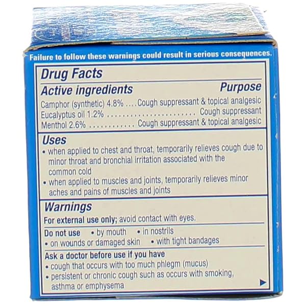 VICKS VAPORUB, ORIGINAL, COUGH SUPPRESSANT, TOPICAL CHEST RUB & ANALGESIC OINTMENT, MEDICATED VICKS VAPORS, RELIEF FROM COUGH DUE TO COLD, ACHES & PAINS, 1.76OZ