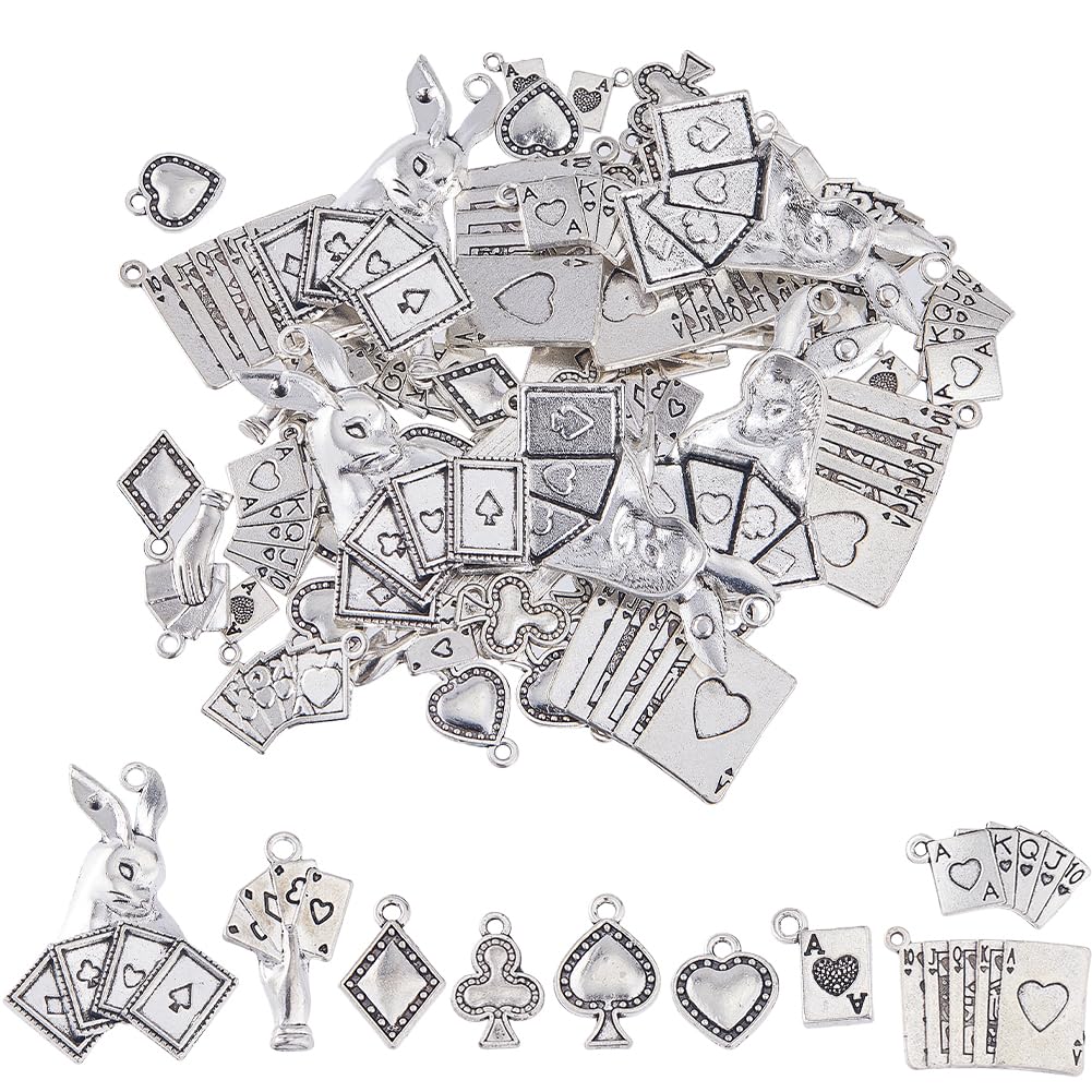 SUNNYCLUE 72Pcs 9 Styles Small Poker Card Charms Silver Ace Playing Card Charm Bulk Tibetan Alloy Heart King Shape Charm for jewellery Making Charms Supplies Keychain Dangle Earring Necklace DIY Craft