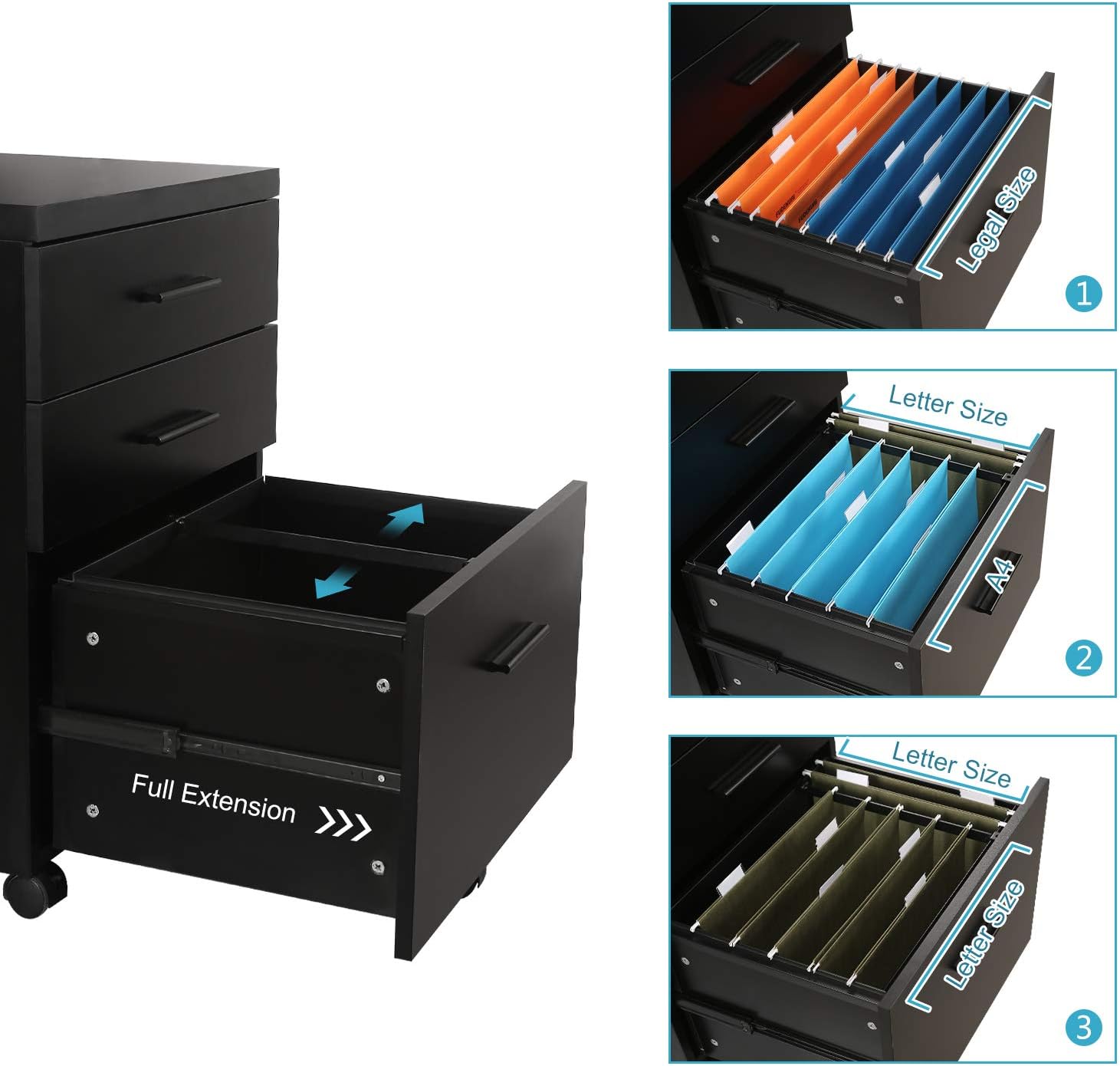 Office Products Black Wood Filing Cabinet For Letter Legal Size Devaise 3 Drawer Mobile File Cabinet File Cabinets