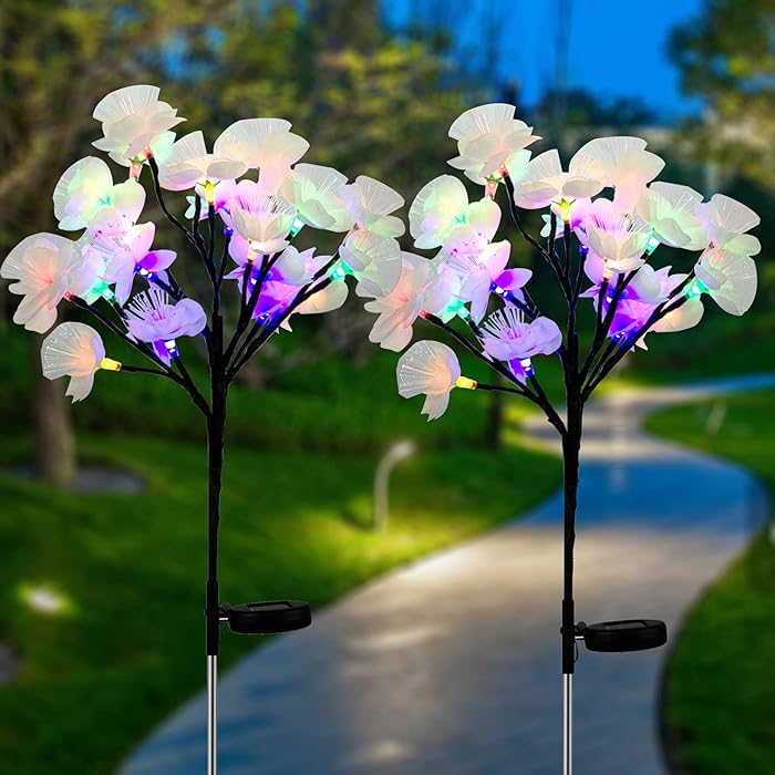 Epicgadget Solar Fiber Optic Camellia Flower Light, Colorful Outdoor Solar Garden DIY Decorative Lights for Walkway Pathway Backyard Christmas Decoration Parties (2 Pieces)