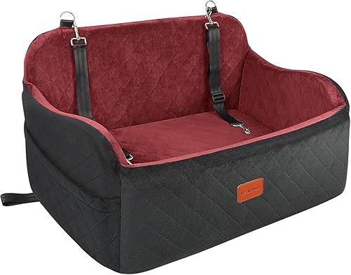Lealchum Dog Car Seat for Medium/Large Dogs,2 Clip-On Safety Leashs for 2 Small Dogs,Removable and Washable Comfy Pet Car Seat,Easy to Install and Clean (Black/Red, Large)