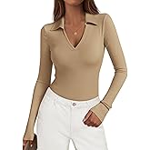 KIRUNDO Polo Shirts for Women Long Sleeve Business Casual Tops 2026 Spring Fall Ribbed Knit Collared V Neck Slim Work Blouses