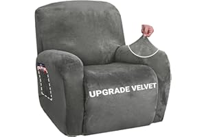 ZNSAYOTX Stretch Velvet Recliner Cover 4-Pieces, Thick Soft Recliner Chair Slipcover with Pocket, Non-Slip Elastic Bottom for Kids Pets, Luxury Plush Reclining Protector Comfy Washable (Grey)