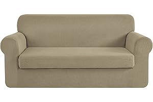 CHUN YI Stretch Loveseat Sofa Slipcover 2 Piece Sofa Cover, 2 Seater Couch Slipcover Coat Soft Washable Furniture Covers with Elastic Bottom, Checks Spandex Jacquard Fabric, Medium, Sand