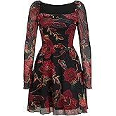 CIDER Women's Floral Mini Dress Long Sleeve Square Neck Ruched A Line Party Cocktail Club Dresses