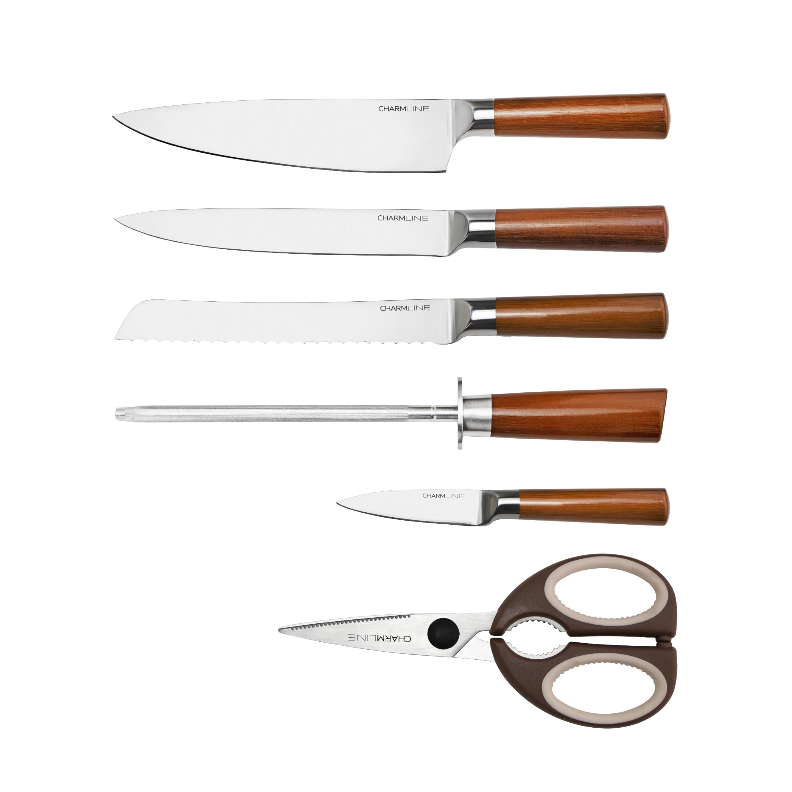 Photo 1 of Charmline Stainless Steel Kitchen Knife 6-Piece Set, Multi-Functional Classification Kitchen Knife,4 Knives, 1 Scissors and 1 Knife Sharpeners