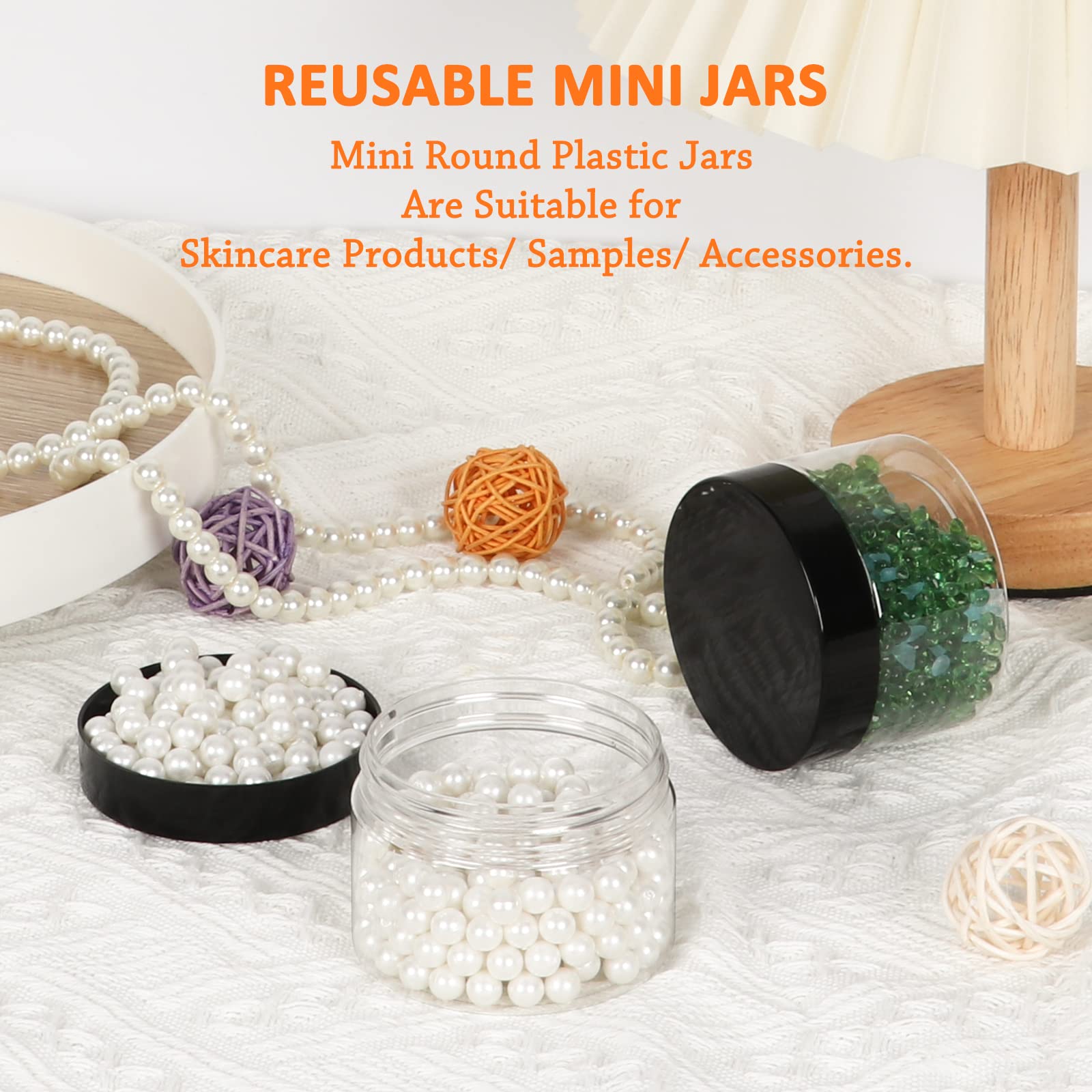 Clear 4 oz Plastic Jars with Lids & Labels - Refillable Cosmetic Small Containers with Black Screw Lid/Slime Containers (4 fl.oz, 48Pack)