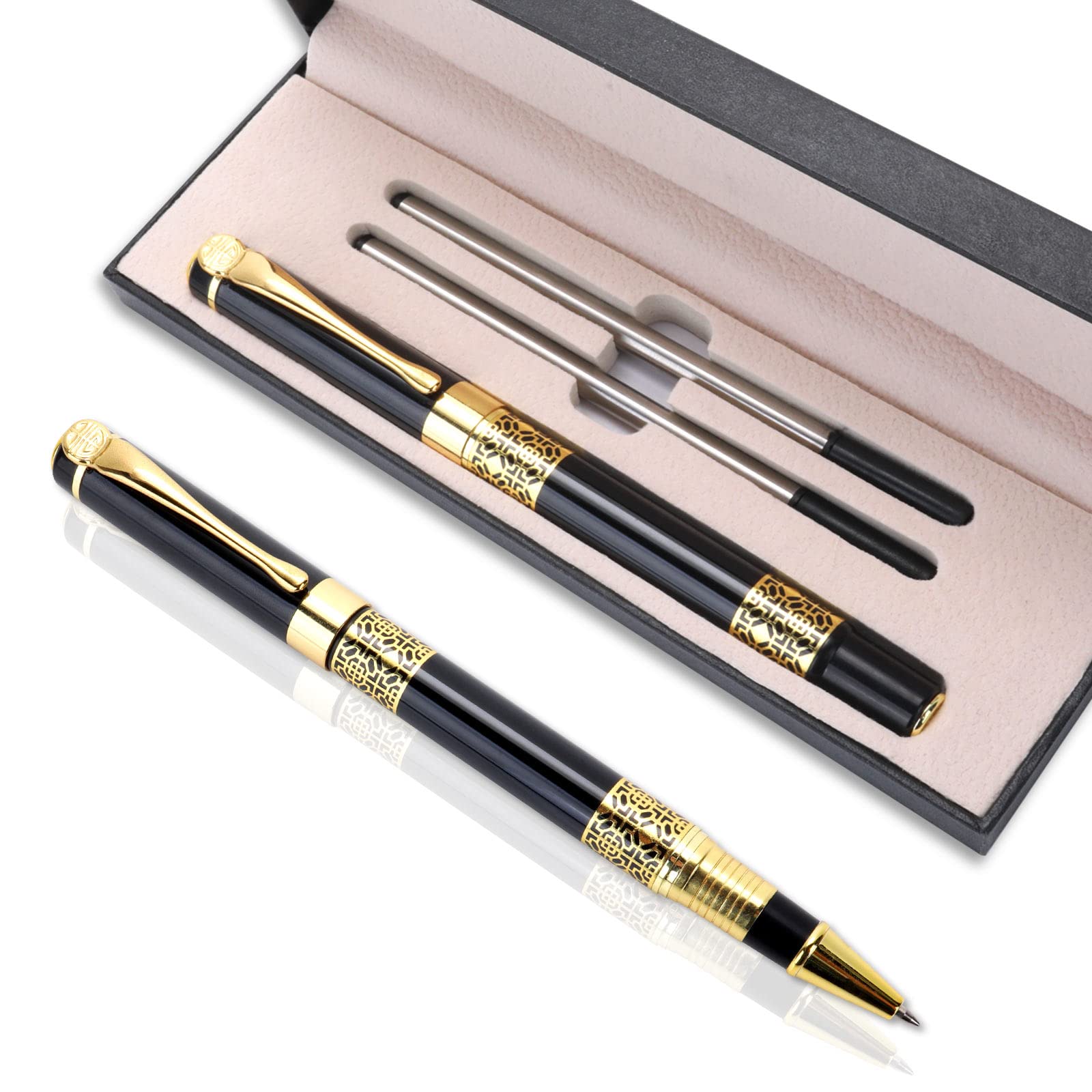 Cobee Luxury Metal Ballpoint Pen, 1.0mm Business Pen with 2 Refills, Smooth Writing Rollerball Pen, Gift for Men & Women (Black)