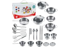 KEJIH Tiny Classic Stainless Steel Kitchen Toys Cooking Utensils Set-Pretend Play Pots Pans Toy Cookware Kits for Kids Cooking Utensil Set Interactive Learning Role Play Educational Toys for Kids Mini Size