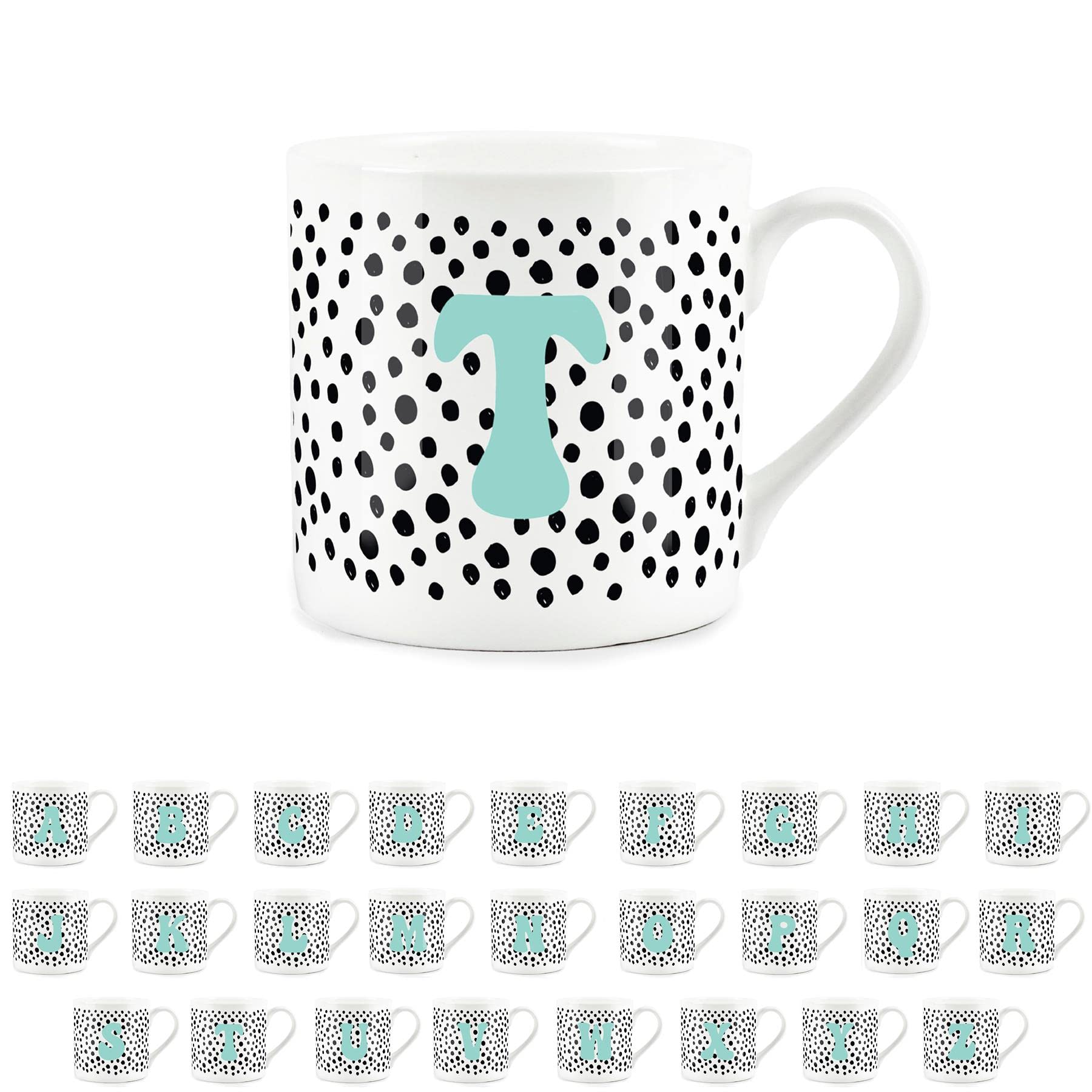 Purely Home Letter Initial Personalised Mugs - Spotty Alphabet Bone China Coffee/Tea Cups (T)