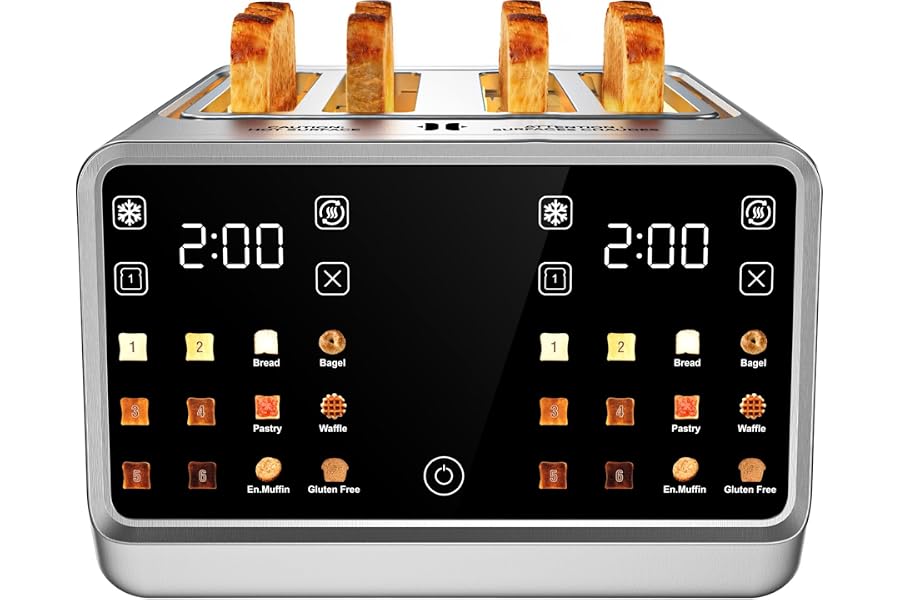 4 Slice Toaster with Dual Touchscreen, 1800W Stainless Steel Dual Zone Independent Control Extra Wide Slot 1.5 Inch, Smart BreadID Timer for Bagel Waffle, Kitchen Essentials