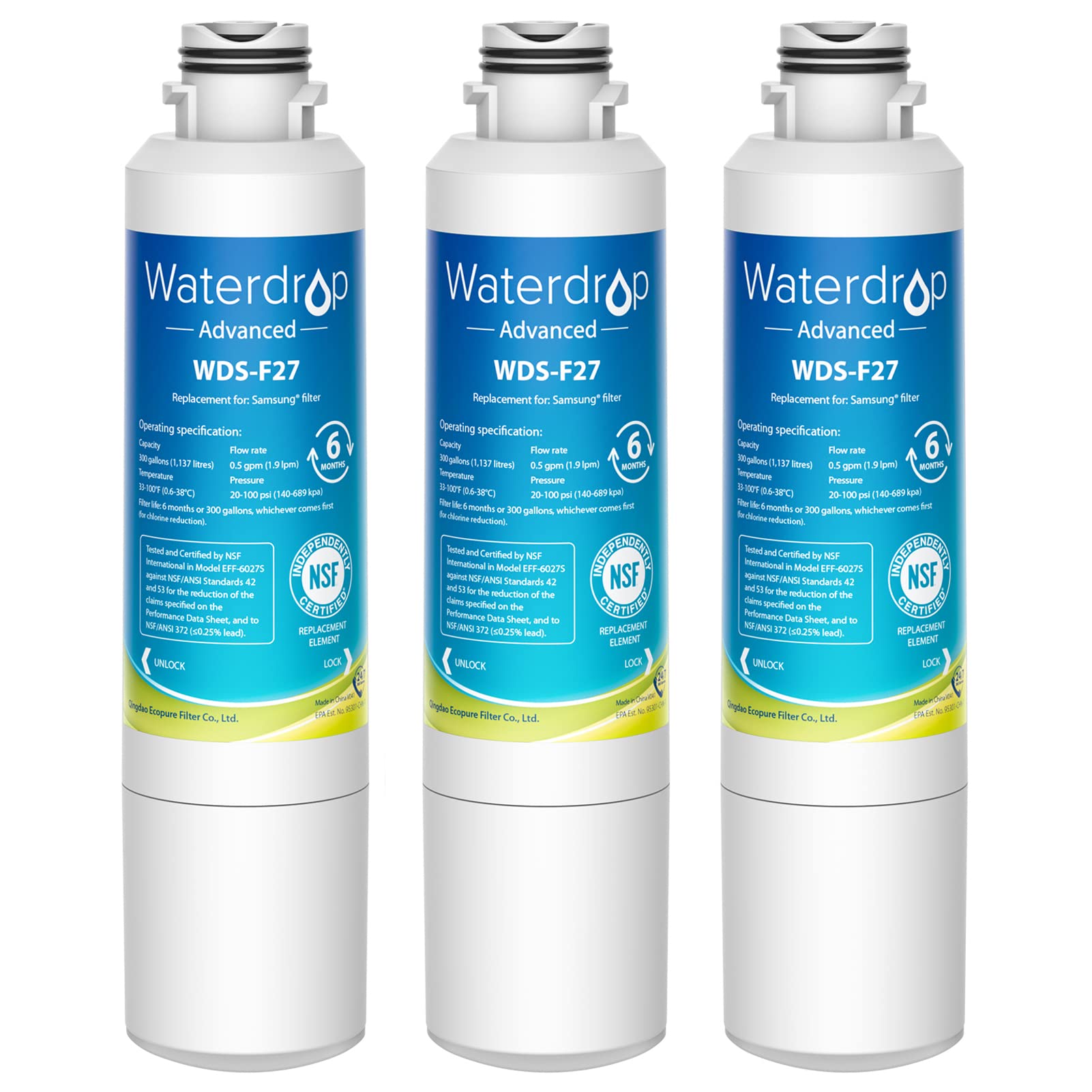 Waterdrop DA29-00020B Filtro de agua para refrigerador certificado NSF 53 y 42, repuesto para Samsung HAF-CIN/EXP, DA29-00020A/B, DA29-00020B-1, RF263BEAESR, RF28HMEDBSR, 3 filtros (el paquete puede variar)