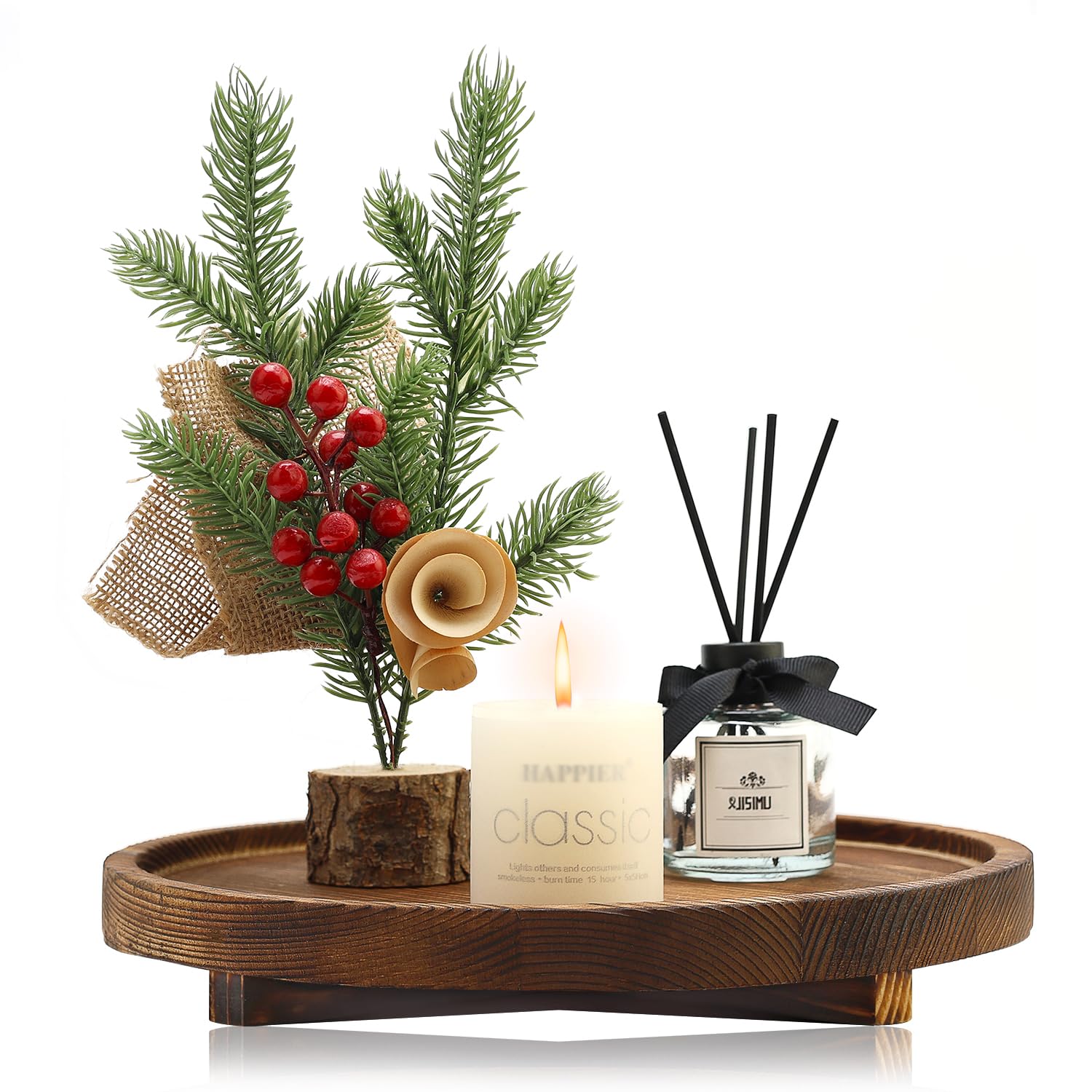 Photo 1 of Round Decorative Wooden Tray for Bathroom Sink Kitchen Counter Decor Trays Small Wood Riser Pedestal Stand Dining Coffee Table Trays Vanity Spa Bathroom Accessories for Soap Dish Perfume Candle Tray