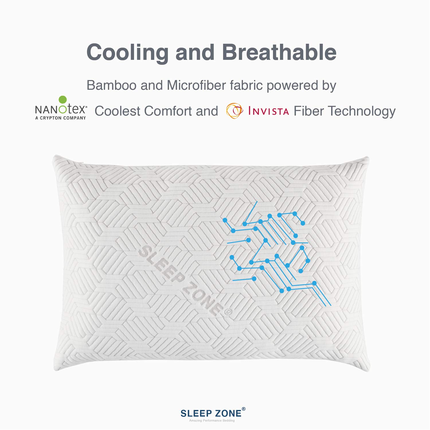 SLEEP ZONE Premium Bed Pillow Temperature Regulation Shredded Memory Foam Hypoallergenic Adjustable Loft Bamboo Cover with YKK Zipper, Queen