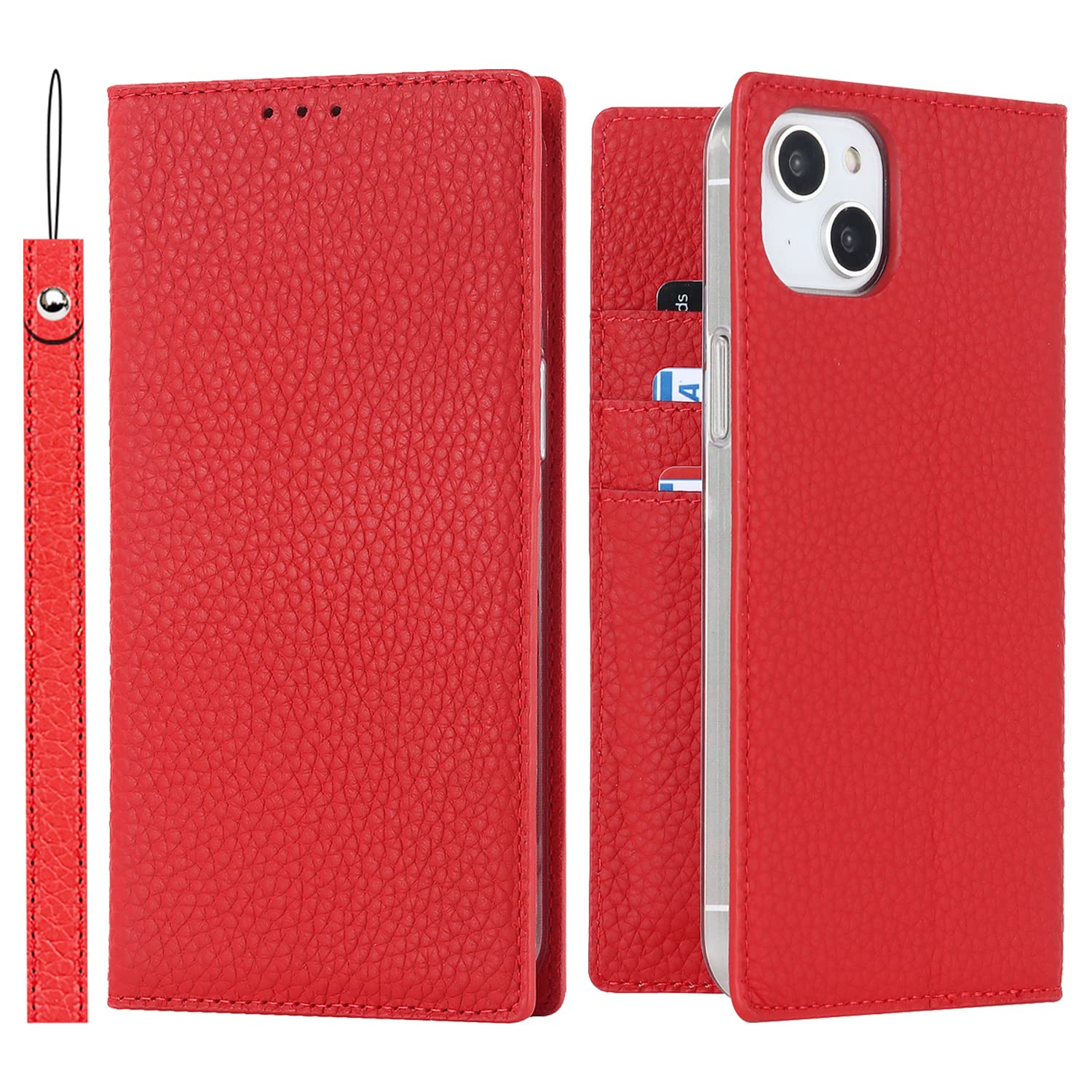 Cavor Phone Case Compatible for iPhone 14 Plus,Genuine Leather Flip Wallet Case,[3 Card Holders][Magnetic Closure][RFID-Blocking][Lanyard],Protective Case Cover for iPhone 14 Plus - Red — image 1