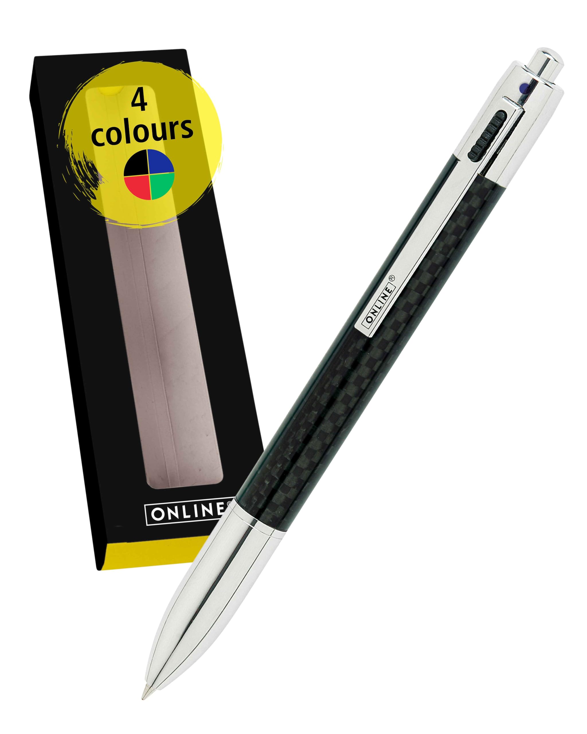 ONLINE 4-color Carbon ballpoint pen| multifunctional pen | 4 medium sized refills - blue, red, green, black | refillable ballpoint pen| stylish black carbon pen with gift box