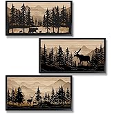 WELMECO Cabin Decor Bear Moose Deer Wall Art Rustic Home Decor Woodland Farmhouse Living Room Bedroom Bathroom Decor Forest Animal Picture, Black Framed 8x16inchx3 Pieces,Brown