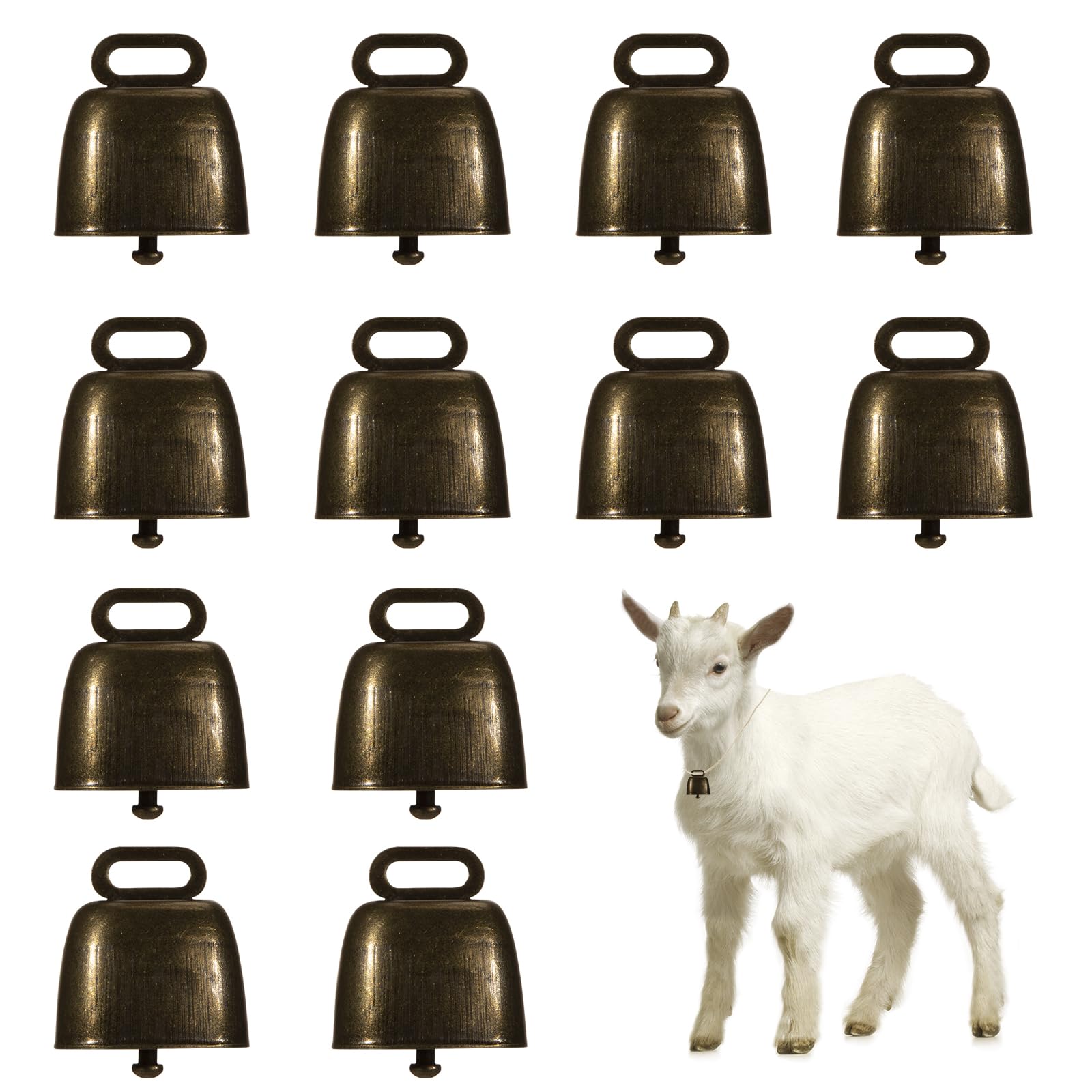 Grazing Copper Metal Cow Bells - 12Pcs Vintage Loud Bronze Animal Bell for Cattle, Horse, Sheep - Yellow Bronze Craft Bells