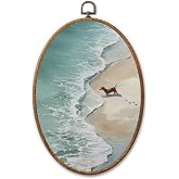 RWWNONW Vintage Dachshund Coastal Beach Walk Oval Wall Art Decor | Framed 8.3x11.6 Inch dachshund beach walk print, coastal dog decor for bedroom, bathroom, hallway, or living room