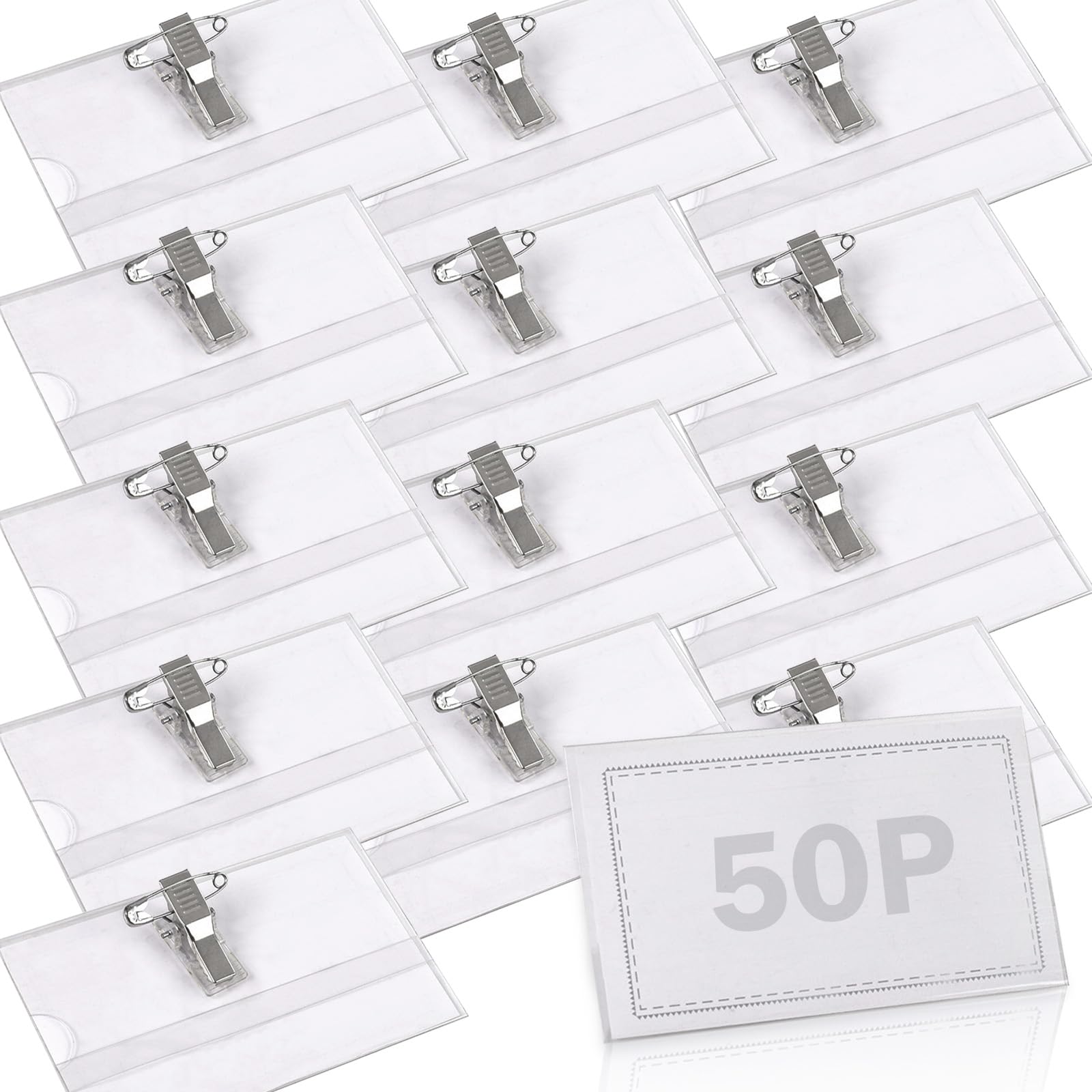 YONGHUO 50 Pcs Name Tags, 9x5.6cm, Badge Holders with Clip & Pin, Plastic ID Badges for Work, School & Office