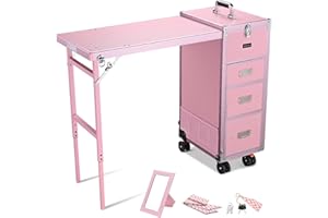 BYOOTIQUE Pink Traveling Nail Tech Case with Table Beauty Salon Manicure Desk on Wheels Two-Way Removable Tabletop for Manicurist Technician Workstation Makeup Artist Barbershop Hairstylist