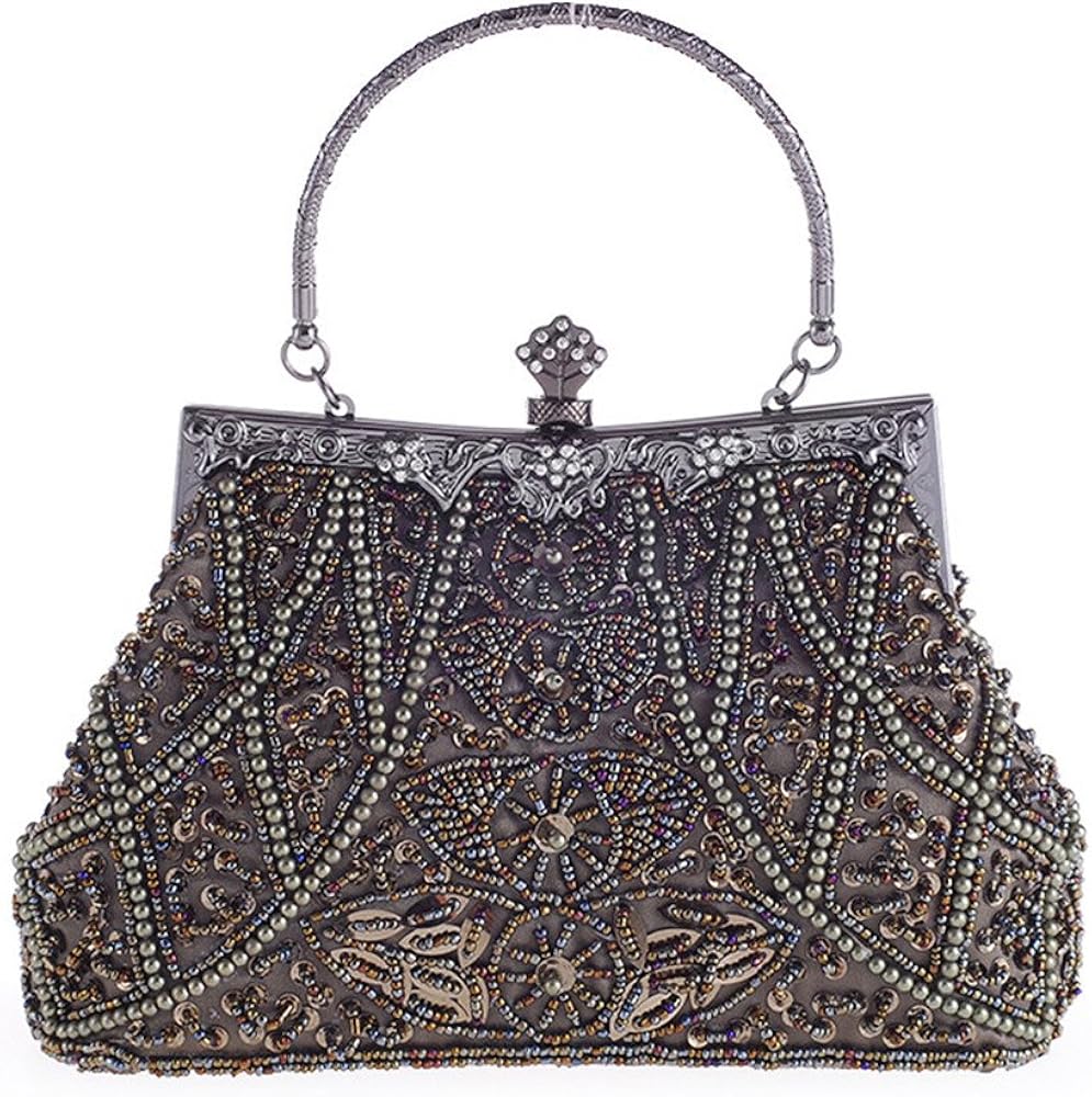 Womens Vintage Jewels Beaded Evening Clutch Bag Tophandle Prom Party