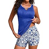 Aleumdr Blouson Tankini Swimsuits for Women Tummy Control Two Piece Bathing Suits Textured V Neck Cutout Tank Tops with Sporty Swim Shorts Dark Blue Large