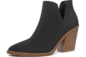 mysoft Women's Ankle Boots Slip on Cutout Pointed Toe Chunky Stacked Mid Heel Booties