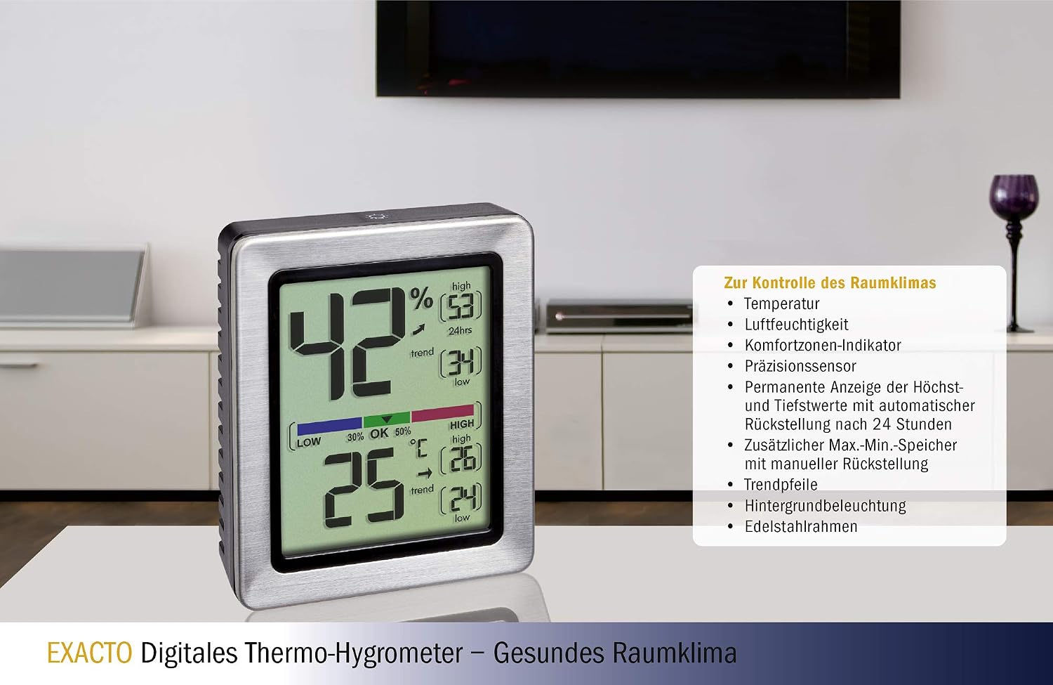 TFA Dostmann digital thermo-hygrometer Exacto, 30.5047.54, indoor, accurate temperature and humidity, incl precision sensor - Image 5