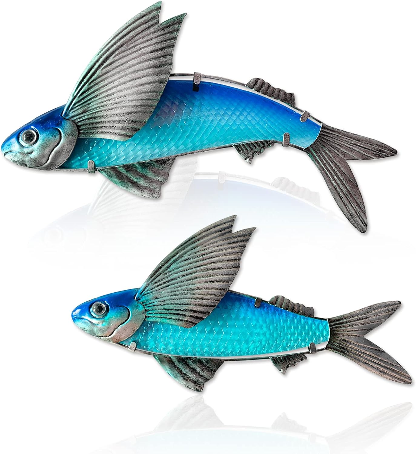 Plaques & Wall Art - LIFFY Metal Fish Wall Decor -Outdoor Metal Fish Wall Decor - Indoor Art Sculpture - Hanging Decorations for Home, Garden, Bedroom, Sculptures, Ocean, Pool(Flying Fish Set 2,15 inch)