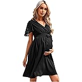 FUNJULY Maternity V Neck Dress Swiss Dot Short Sleeve Summer Wrap Midi Baby Shower Pregnancy Dresses for Photoshoot