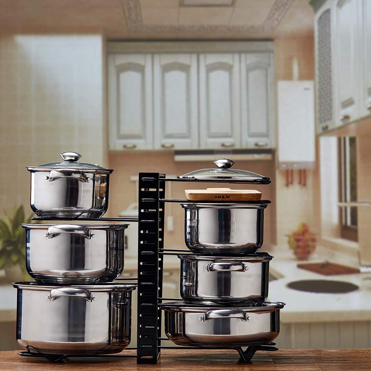 8 ollas Pan Rack Organizador Soporte ajustable Armario de cocina