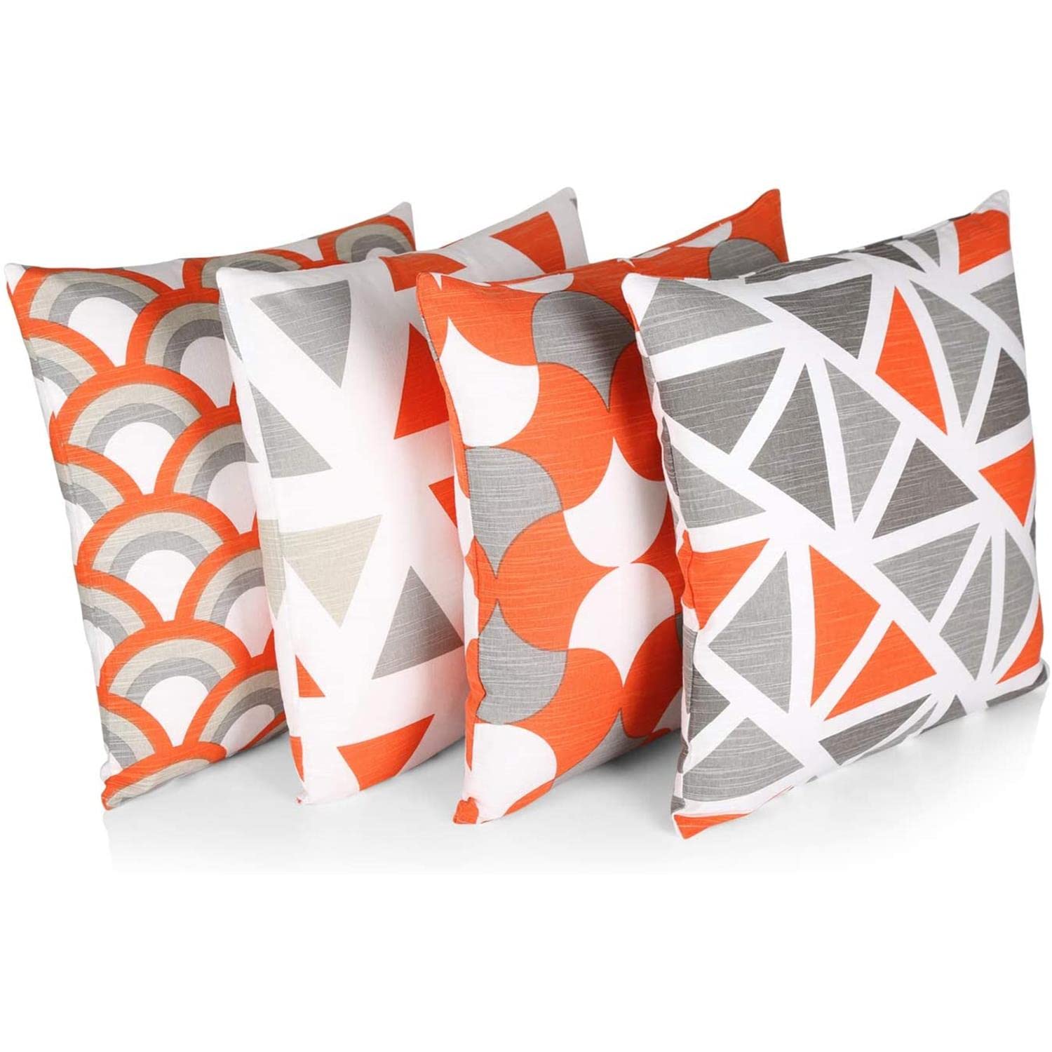 Penguin Home Set of 4 100% Slub Cotton Fabric Cushion Covers 45cm x 45cm Double Sided Square Pillow Covers with Invisible Zipper Pillow Cases for Living Room, Bedroom, Sofa (Orange/Grey)