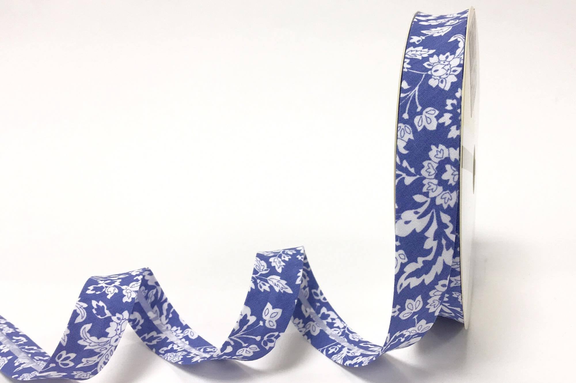 FanyWhite Floral Pattern on Blue 18mm Bias Binding on a 3m Length (N.B. This is a Cut from a roll)