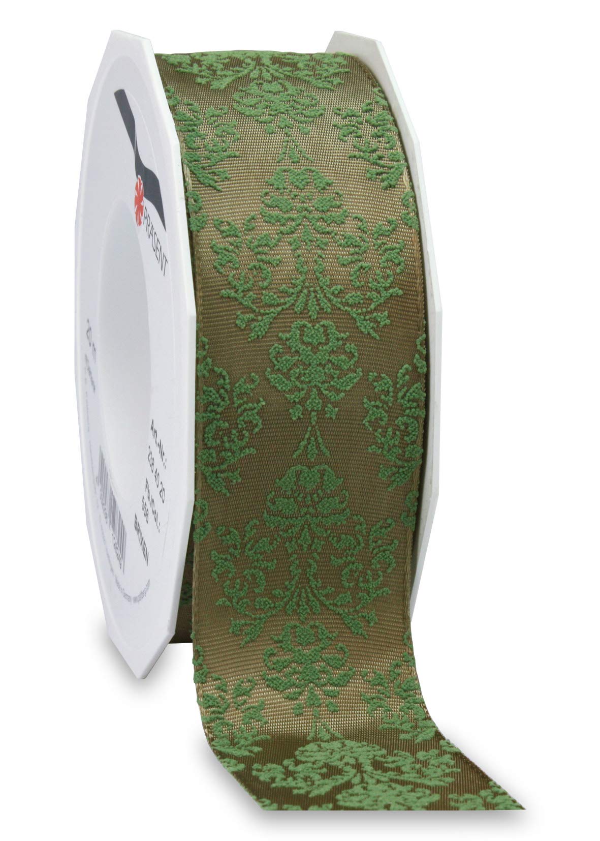 Präsent - Brixen Wired & Printed Ribbon Old Green-Silver 40 mm Width, 20 m Length