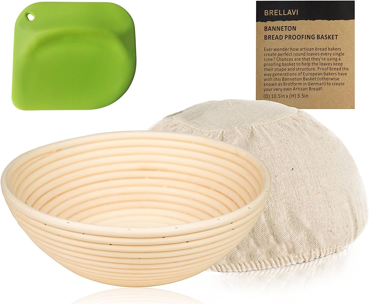 Brellavi 10.5-inch Banneton Proofing Basket [FREE Cloth Liner] + Instructions and Recipe - Perfect Size for Artisan Bread Dough Proofing and Rising - Eco-friendly Round Brotform Bowl