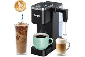 Tastyle Single Serve Coffee Maker with Built-in Detachable Milk Frother, Iced and Hot Coffee Machine for K Cup & Grounds, 40oz Removable Water Reservoir, 6 Cup Sizes, Fits 7.3" Travel Mug, Black